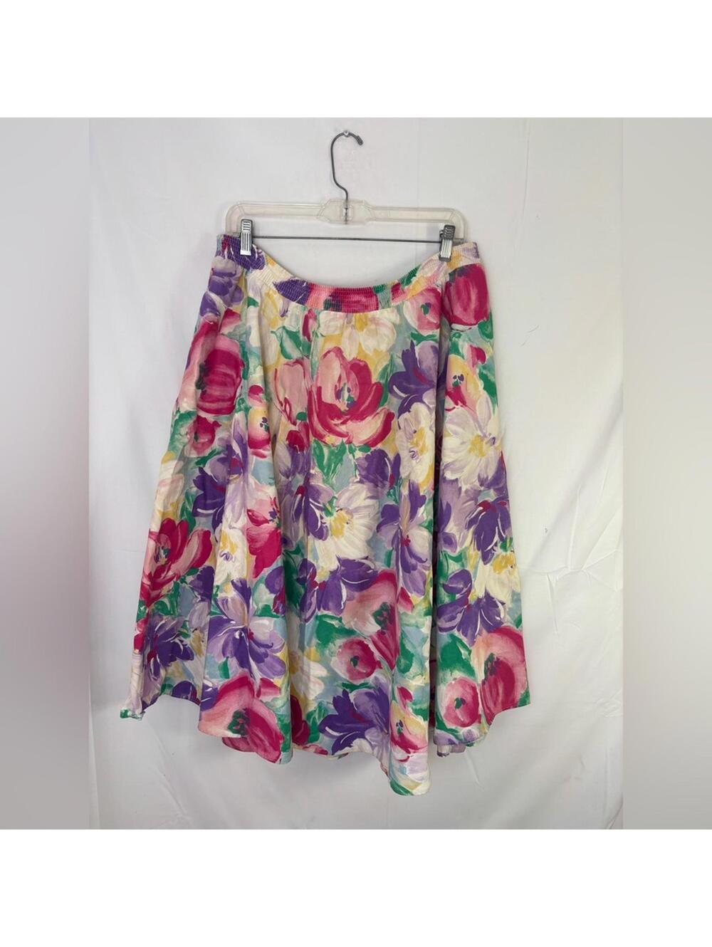 VTG 80s/90s Pastel Brushstroke Floral Romantic Feminine ALine Midi Skirt Size XL